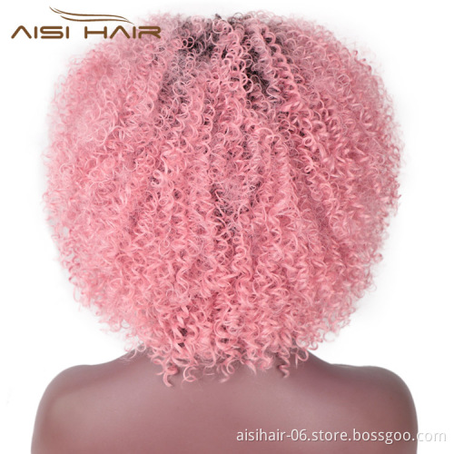 Aisi Hair Short Kinky Fluffy  Ombre Pink Wig Heat Resistant Synthetic Fiber Afro Curly Wigs For Black Women Cosplay Party Wigs